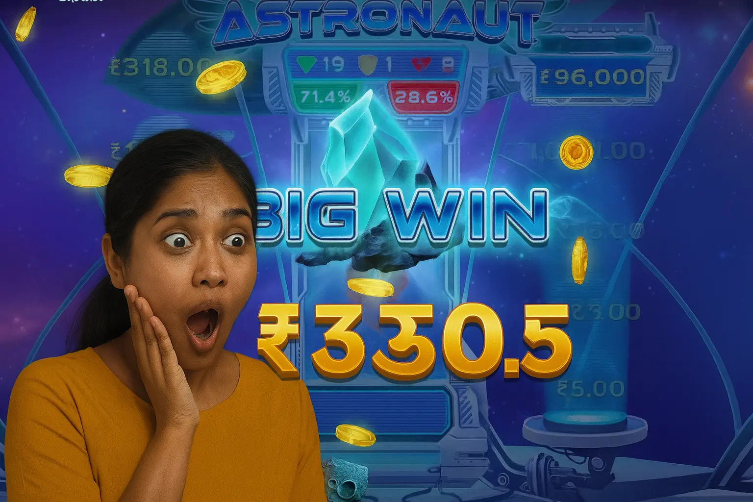 Excited woman in yellow shirt celebrating Astronaut casino game big win of ₹330.5 with blue crystal symbol