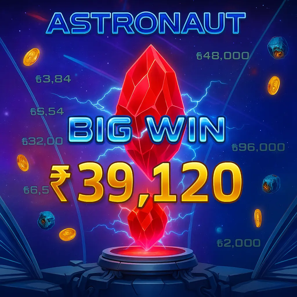 Astronaut casino game displaying massive big win of ₹39,120 with red crystal symbol and lightning effects