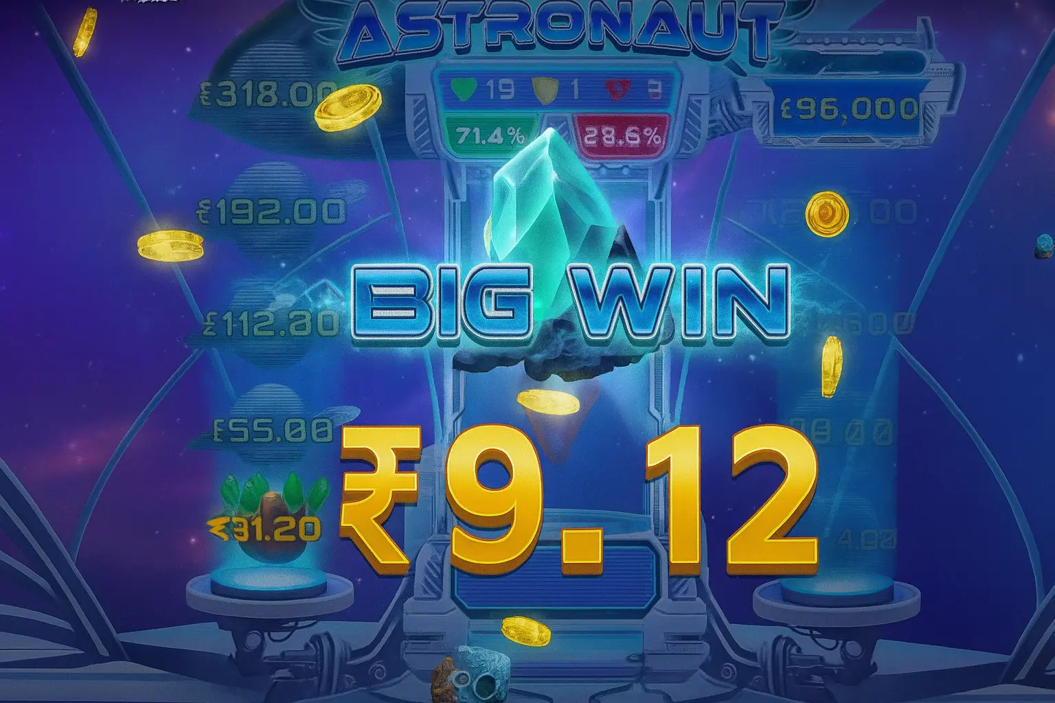 Astronaut casino game showing big win of ₹9.12 with blue crystal symbol and floating golden coins
