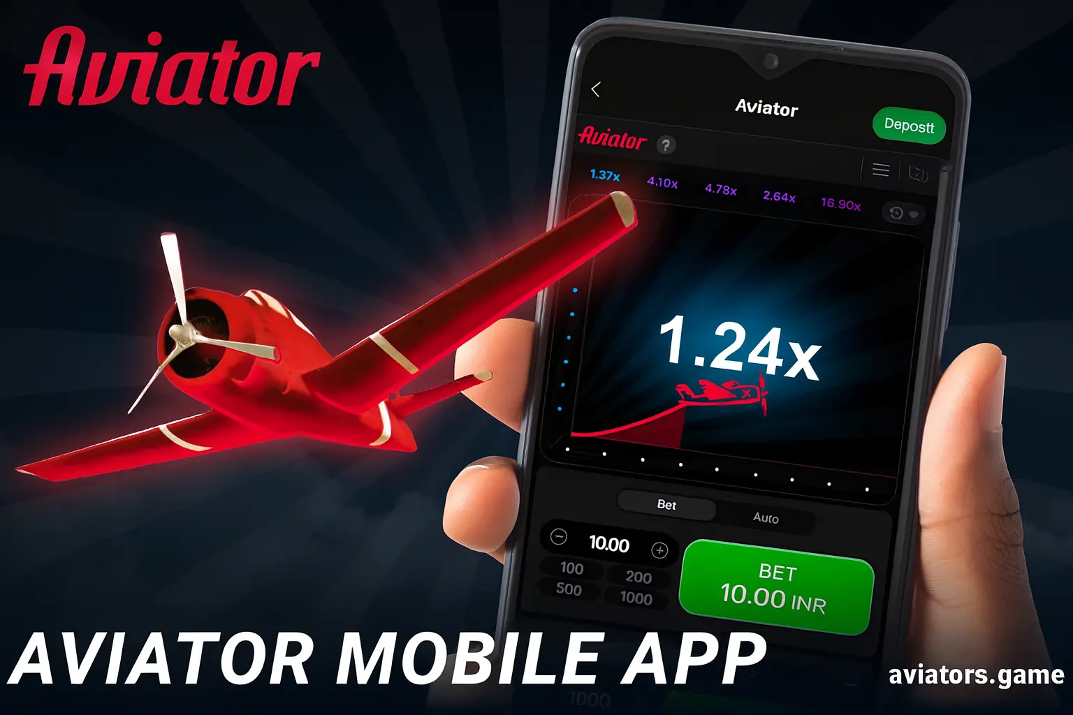 Hand holding smartphone with Aviator mobile app showing 1.24x multiplier and red airplane flying from screen