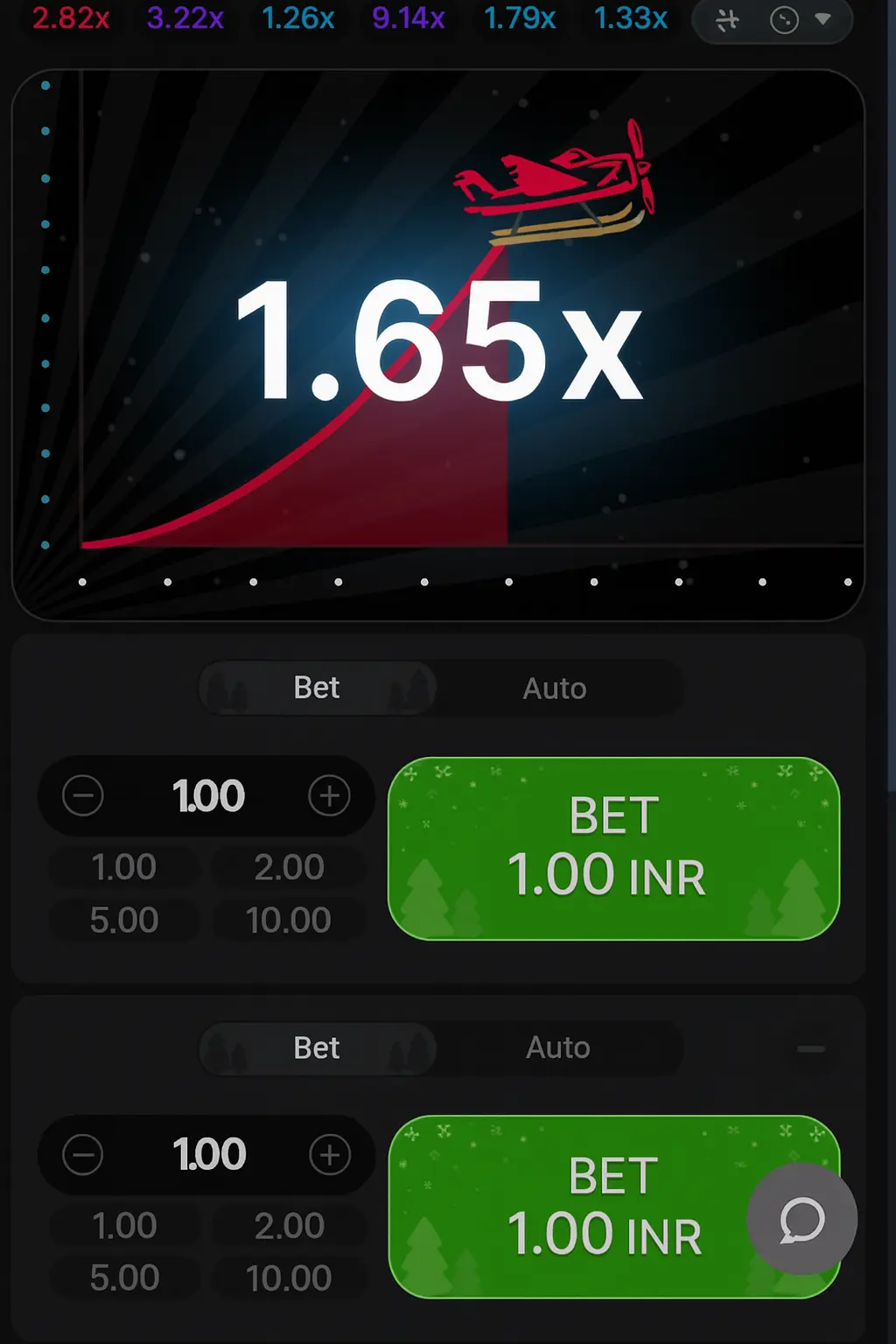 Aviator mobile game interface showing 1.65x multiplier with red airplane and dual betting panels