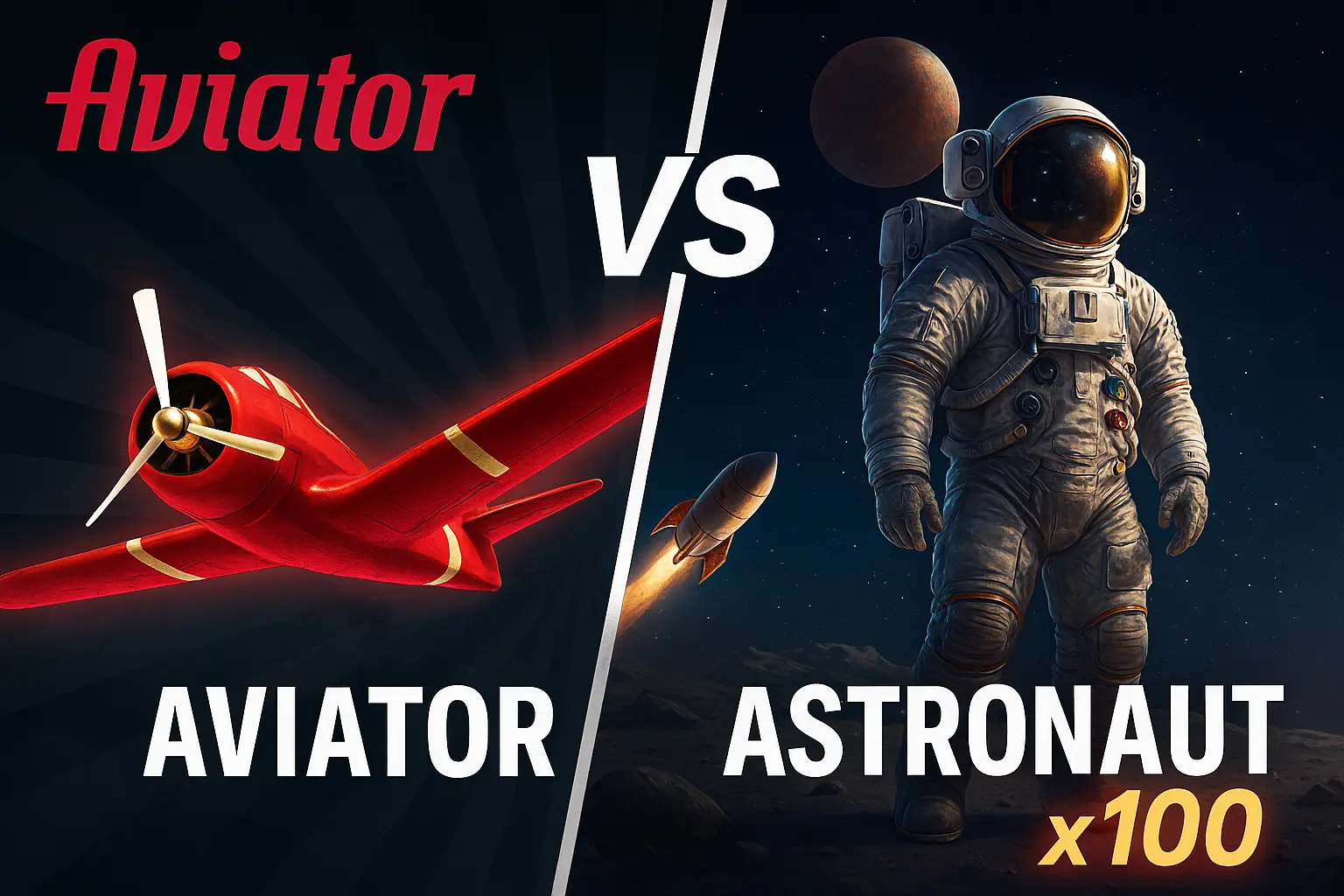 Split screen comparison showing Aviator game with red airplane versus Astronaut game with space suit and x100 multiplier